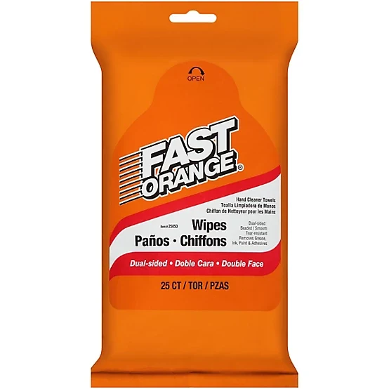 Permatex Fast Orange Hand Cleaner Wipes | 25-Pack | Citrus Scented Degreasing Wipes