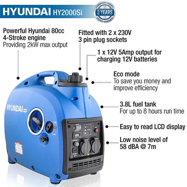 Hyundai 2000W / 2kW Petrol Inverter Generator, Pure Sine Wave Output, Portable Lightweight & Suitcase Style, Low Noise | HY2000Si - View 3