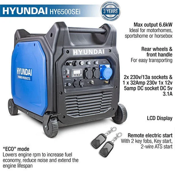 Hyundai 6600W / 6.6kW Petrol Inverter Generator, Remote Keyfob & Electric Start, Wheels & Closed Case Design, DC & USB | HY6500SEi - View 3