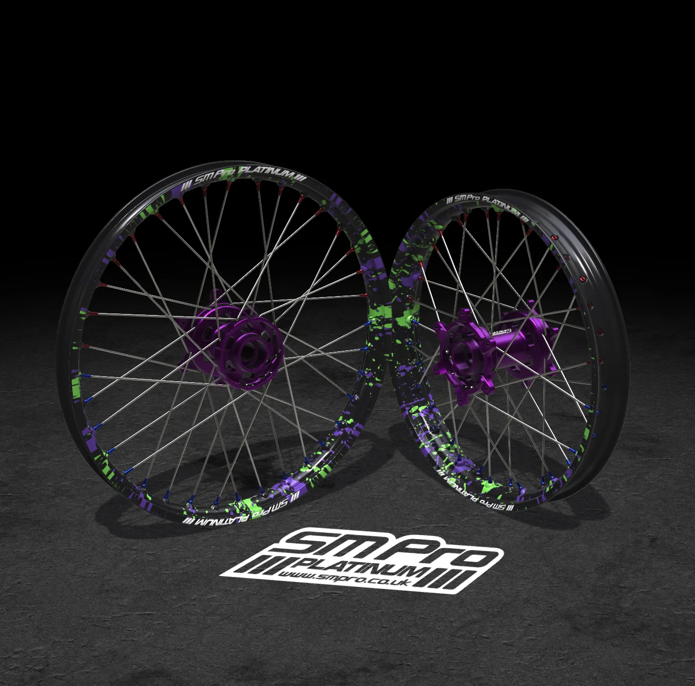 SM PRO ULTRA BEE WHEEL SET 21/18 - SPLATTERKOTE GREEN/PURPLE COMBO